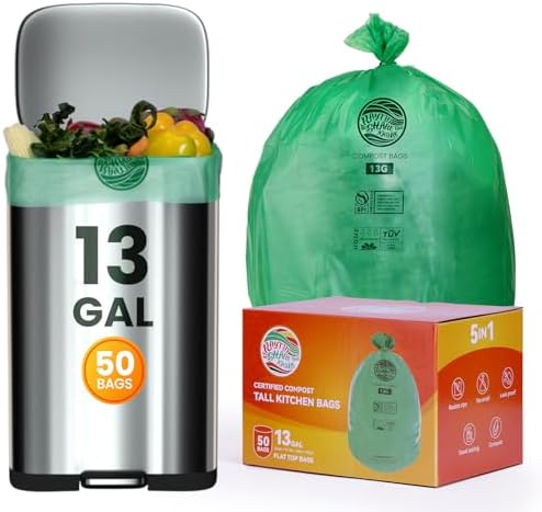 Trash bags 13+ gallon tall kitchen,Compostable Trash Lawn & Leaf Yard Waste Bags,Kitchen Compost Trash Bin Compatible,Extra Thick1.1 Mills,Certified by BPI and OK Compost(50count) by RAYTID