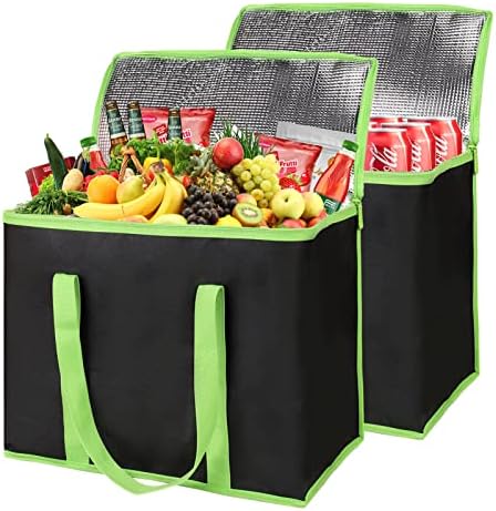 2-Pack Insulated Reusable Grocery Shopping Bag, X-Large, Black-Green by CIVJET