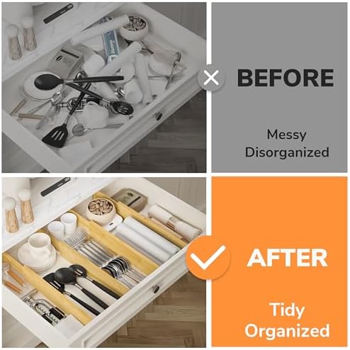 BAMEOS Bamboo Expandable Drawer Dividers – Fits 16.65"–22" Drawers, 3" Deep Walls, Set of 4 | Taller Spring-Loaded Separator Keeps Items Upright in Kitchen & Dresser Drawers - Image 7