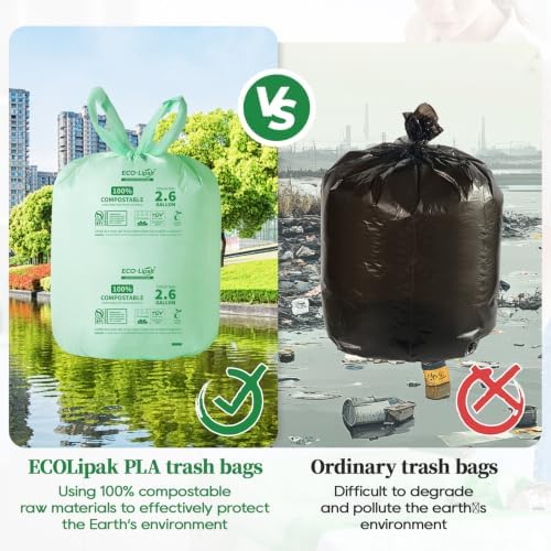 ECOLipak 2.6 Gallon 100ct Small Compostable Kitchen Trash Bags with Handles - Image 4