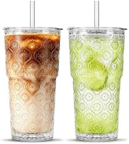 SoulTimes 20oz Begonia Flower Glass Tumbler with Bamboo Lid and Straw–Iced Coffee Glasses Cups for Smoothie, Matcha, Juice, Water etc. Leakproof and Reusable Glassware Drinking for Travel To Go [2Pcs] by SoulTimes
