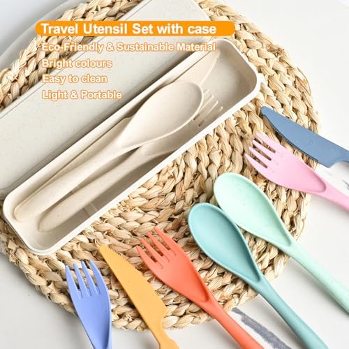 Travel Utensils with Case, 12 Sets Camping Utensil Sets, Wheat Straw Portable Knife Fork Spoons Tableware, Reusable Utensils for Lunch Box (Multi) - Image 4
