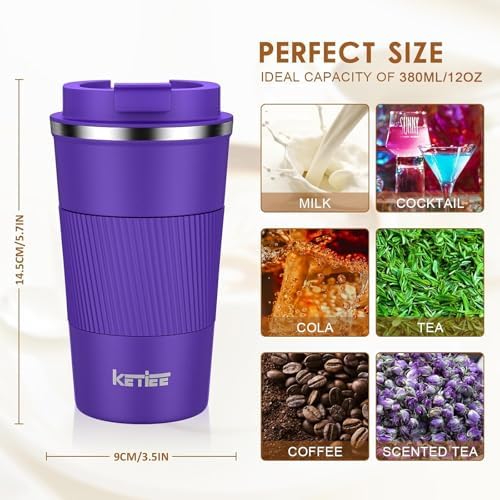 KETIEE 12oz Coffee Mug: Vacuum Insulated Coffee Cup with Leakproof Lid, Travel Coffee Mug Stainless Steel Double Walled Reusable Coffee Cup for Hot and Cold Water Tea (Purple) - Image 6