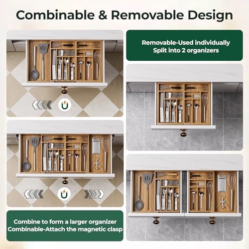 Large Silverware Organizer, 13 Slots Magnetic Connected Expandable Acacia Wood Utensil Drawer Organizer From 21 to 37.4 Inches, Adjustable Flatware and Cutlery Holder, Utensil Tray for Kitchen Natural - Image 4