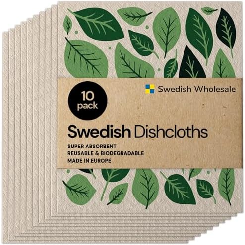 Swedish Wholesale Dishcloths Reusable 8" x 7" Sponge Cloths, Bulk 10 Pack of High Absorbent Cellulose Dish & Kitchen Cleaning Hand Towels, Wring to Dry & Machine Wash, Odor Resistant, Leaves by SwedishWholesale