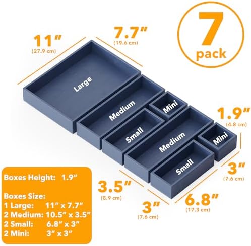 SpaceAid 7-Piece Bamboo Drawer Organizer Storage Boxes Set, Wood Tray Junk Drawer Organizers Multi-Use Divider Bins for Kitchen, Bathroom, Office Desk and Makeup Organization (7 Pack, Navy Blue) - Image 3