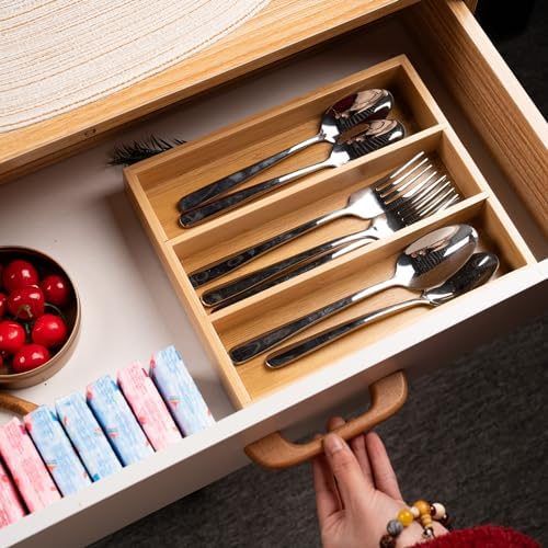 Fibogollo Bamboo Silverware Organizer with 3 Slots for Kitchen(Natural) - Image 3