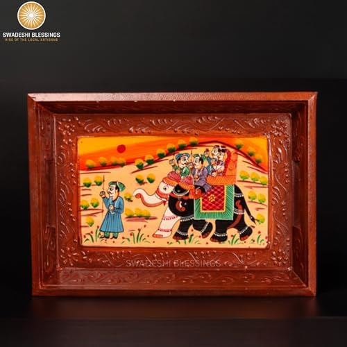 Swadeshi Blessings Hand-Painted Wooden Serving Tray Set of 3, Brown - Image 7