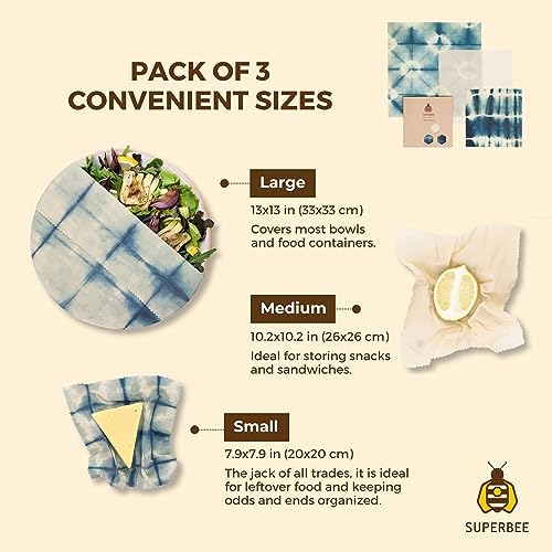 SUPERBEE Beeswax Wrap for Food, Set of 3 Bees Wax Wraps, Reusable Bees Paper for Wrapping Vegetables, Cheese, Bowl Covers and Sandwich Wrapping Paper, Beeswax Food Wraps (BeeIndigo) - Image 2