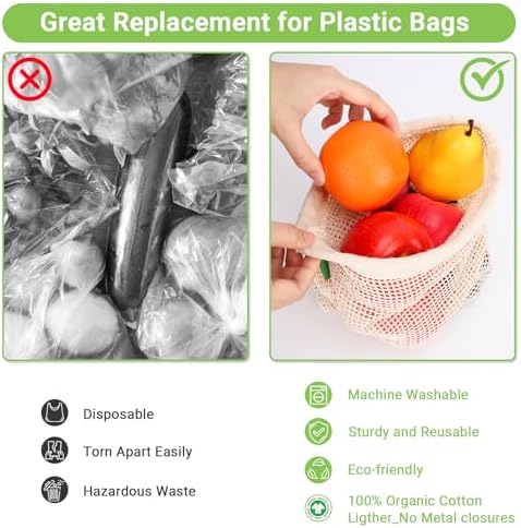 Pack of 12 Reusable Grocery Bags, 3 Sizes (4xS+4xM+4xL) Reusable Shopping Bags Heavy Duty Cotton Bags Mesh Bags for Vegetables, Enhanced Closure Edge, Double Stitched, with Tare Weight - Image 5