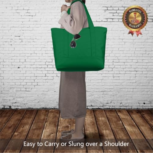 TOPDesign 3-Pack Canvas Tote Bags with an External Pocket, Reusable Grocery Shopping Bags, Top Zipper Closure, Daily Essentials (Green) - Image 2