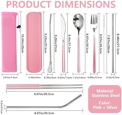 JEPELUS 10Pcs Pink Travel Cutlery Set with Case, Lunch Box Utensils - Image 2