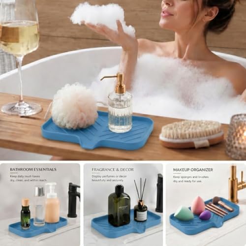 MicoYang Silicone Soap Dish with Drain Spout — Self-Draining Sink Organizer Tray for Bathroom & Kitchen, Sponges, Dispensers & Soap Holder, Non-Slip & Dishwasher Safe, Lichen Blue (Medium, 9.6"×5.3") - Image 4