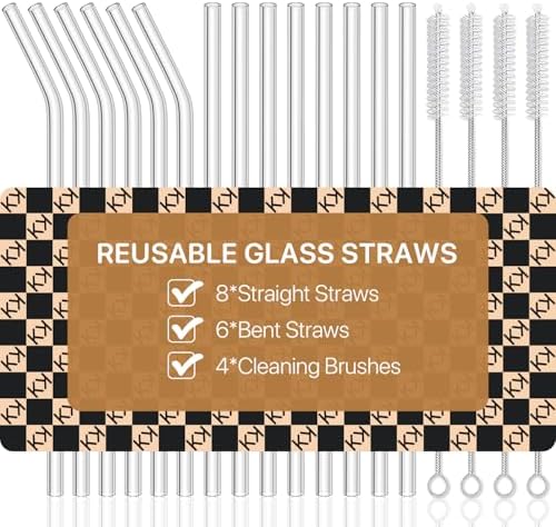 Glass Straws, 18-Pack Reusable Clear Glass Drinking Straws Set by KALLAX