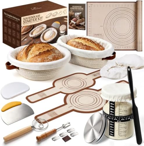 Sourdough Starter Kit with Proofing Basket,bread baking supplies & 34oz Jar by UPwoktem