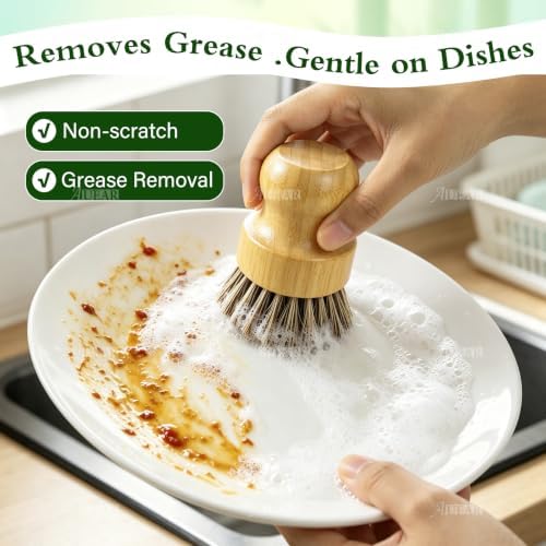 AUEAR, Natural Bamboo Dish Scrub Brush Cleaning Pot Scrubber Brushes Coconut Bristles for Cast Iron Skillet Pots Pans (2-Pack, Deep Color) - Image 4
