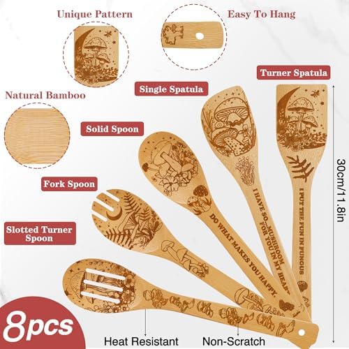 Mushroom Kitchen Decor Bamboo Cooking Spoon with Apron Oven Mitt Pot Holder Utensil Set -Mushroom Kitchen Accessories,Home Decorations Gifts for Women-Housewarming,Easter,Birthday Gift,8PCS - Image 3