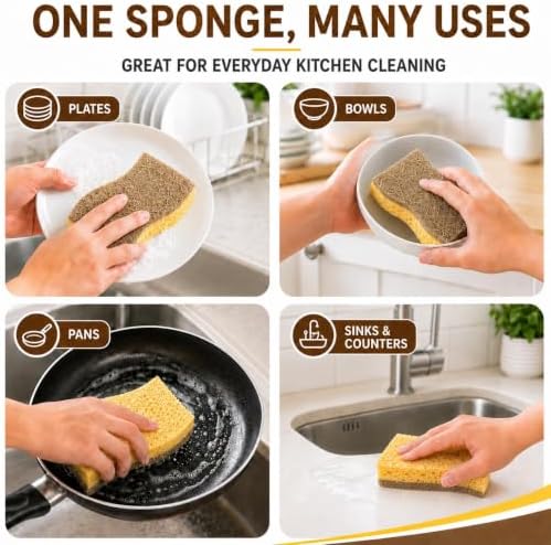 Natural Kitchen Sponges for Dish, 6 PCS Cellulose Sponge with Coconut Fiber - Image 6