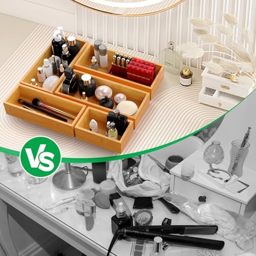 Bamboo Drawer Organizer Set, 5-Piece Storage Trays for Kitchen, Bathroom, Office Desk, Makeup & Junk Drawers,Utensils - Image 3