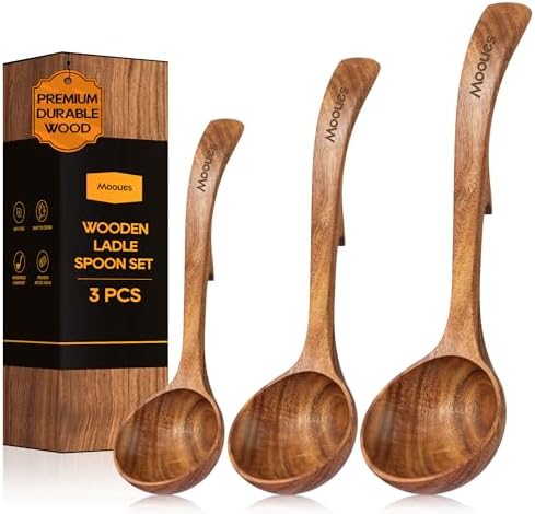Wooden Ladle for Soup, 3 Size Teak Wood Ladle Spoon with Back Hooks, Heat Resistant Wooden Spoons for Cooking, Non-Stick, Comfortable Grip, Wood Kitchen Utensils Set for Serving, Stirring by Mooues