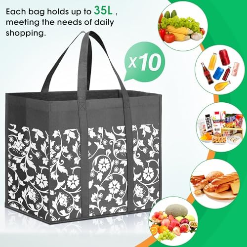 Reusable Grocery Bags Foldable Tote Bags bulk Shopping Bags 10-Pack, Grey - Image 5