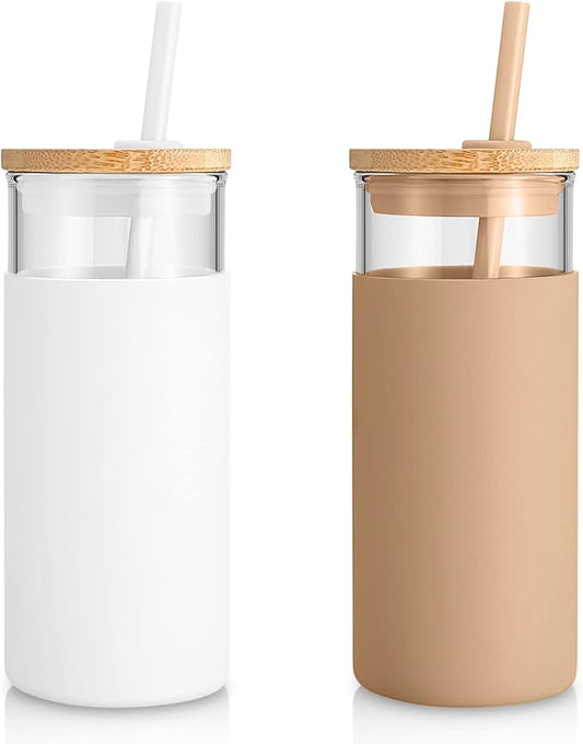 Tronco 20 oz Glass Tumbler with Lid and Straw, Iced Coffee Cup and Smoothie Cup with Bamboo Lids & Protective Silicone Sleeve, Dishwasher Safe, BPA-Free, Glass Cup 2 Pack