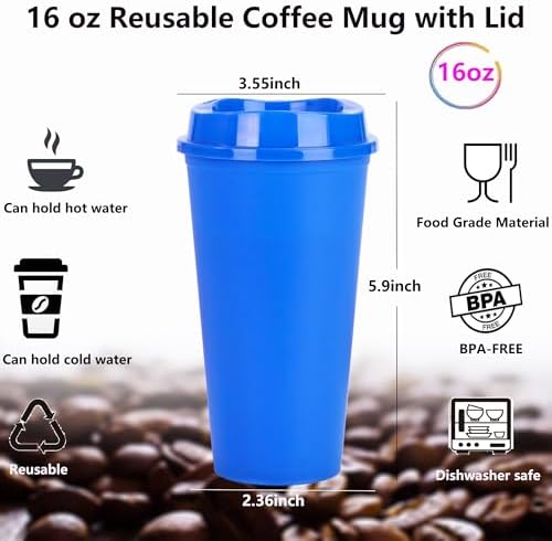 20 Pack Reusable Coffee Cups with Lids 16 oz Plastic Tumblers Travel Mug Iced Coffee Cup for Adults and Women Hot and Cold Drinks, Microwaveable (Blue) - Image 2