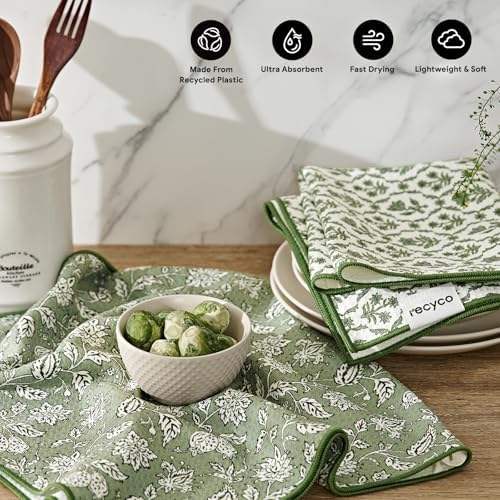 RECYCO Waffle Kitchen Towel Set of 2 - Quick Dry Microfiber Sustainable Dish Towels - Ultra Absorbent Reusable Cleaning Tea Towels - Lightweight Hand Towels,16”x 28”, Thyme & Vine - Image 3