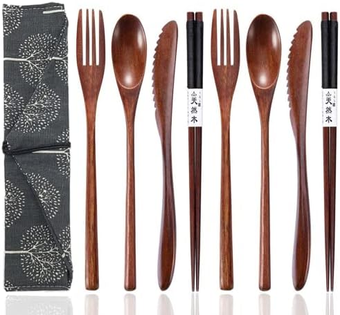 Reusable Wooden Utensils for Eating 8 Pcs Travel Wooden Spoons Forks Chopsticks Cutlery Set with Case Lunch Utensils Silverware Set for Lunch Portable Wood Flatware Set for Eating by Busnos