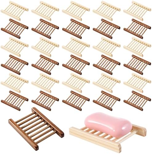 30 Pcs Bamboo Wood Soap Holder Savers Bulk, Wooden Shower Soap Dish Bulk, Wooden Soaps Dish Tray, Self Draining Dishes Handcraft Tray for Bathroom Kitchen Home(Natural Color & Charcoal) by Unknown