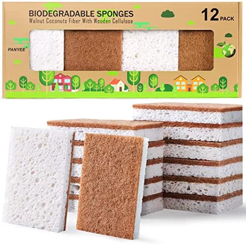 PANYEE Biodegradable Natural Kitchen Sponge，Eco Friendly Sponges for Dishes,Compostable Cellulose Sponge with Natural Plant Based Coconut Walnut Sustainable Scrubber Pack of 12 by PANYEE