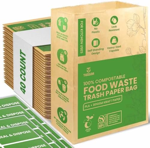 Kitchen Food Waste Bags – 40 bags – 100% Compostable Paper – Leak-resistant liner – Completely Plastic-free & Environmentally Friendly – Certified by BNQ & BPI - 40 Brown Paper Compostable Bags (40) by TUSGORTOOLS