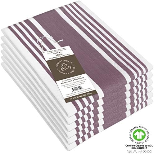 HONEST WEAVE GOTS Certified Organic Cotton Kitchen Hand and Dish Towel Sets - Oversized 20x30 inches, Fully Hemmed, in Designer Colors, 6-Pack, Plum Stripe - Image 3