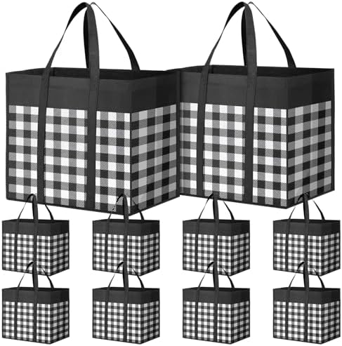 WOWBOX Reusable Grocery Bags,10-Pack, Foldable Reusable Shopping Tote Bags bulk with Reinforced Handles,Large Storage Bags with Water Resistant Coating for Groceries,Multipurpose,Black-White by WOWBOX