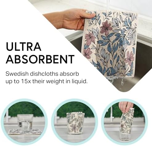 Swedish Wholesale Dishcloths Reusable 8" x 7" Sponge Cloths, Bulk 10 Pack of High Absorbent Cellulose Dish & Kitchen Cleaning Hand Towels, Wring to Dry & Machine Wash, Odor Resistant, Mini Flower - Image 5