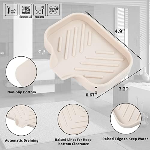 MicoYang Silicone Soap Dish with Drain Spout, Self-Draining Sink Organizer Tray for Bathroom and Kitchen, Sponges, Dispensers and Soap Holder, Non-Slip & Dishwasher Safe, Tapioca (Compact, 4.9"×3.2") - Image 2