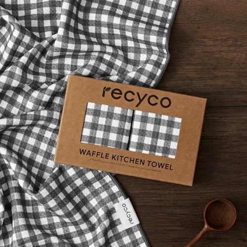 RECYCO Waffle Kitchen Towel Set of 2 - Quick Dry Microfiber Sustainable Dish Towels - Ultra Absorbent Reusable Cleaning Tea Towels - Lightweight Hand Towels,16”x 28”, Dove Gray Plaid - Image 7