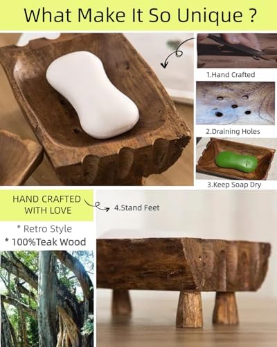 Large Rustic Teak Wood Soap Holder, Farmhouse Wooden Soap Dish,Decorative Bathroom Shower Soap Holder, Handmade Kitchen Countertop Soap Stand with Draining Holes - Image 3