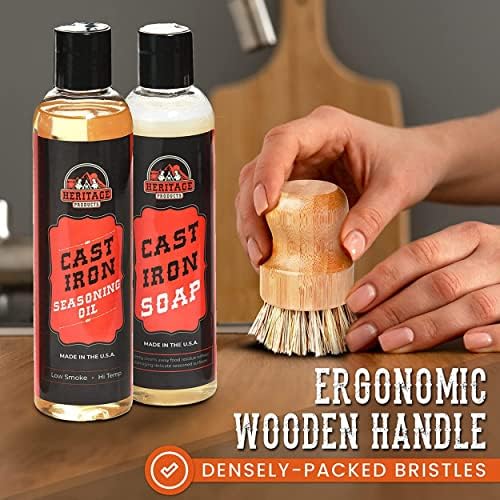 Heritage Products Cast Iron Scrub Brush, Palm Brush Kitchen Dish Scrubber with Natural Bamboo Wood Handle and Densely Packed Nylon Bristles Protects Nonstick Cast Iron Seasoning During Dishwashing - Image 5
