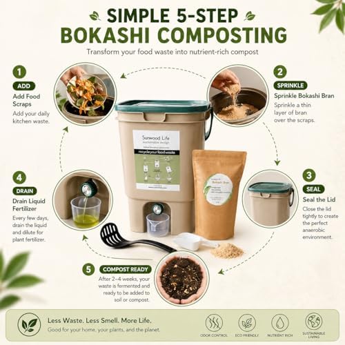 Indoor Bokashi Composter Starter Kit- Beige, 2.2 lb Premium Bokashi Bran Included, Easliy Turn Your Kitchen Wastes into Nutrition for Your Garden Soil (Beige & Beige, 2 bin) - Image 3