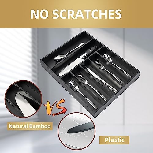 Bamboo Silverware Holder Drawer Utensil Organizer with 7 Slots Black - Image 4