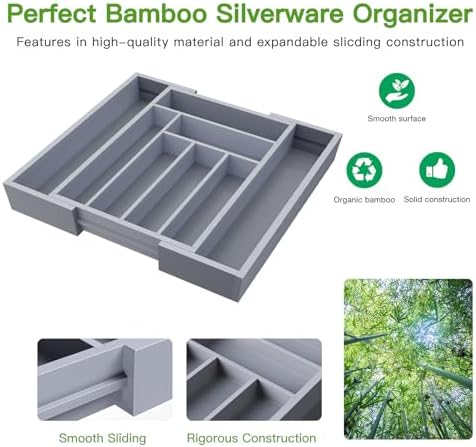 Pipishell Bamboo Expandable Silverware Drawer Organizer, Gray, Medium - Image 5