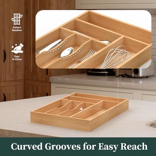 Bamboo Silverware Organizer, Kitchen Drawer Organizer, Utensil Holder, Cutlery Tray & Spoon Flatware Storage with Grooved Drawer Dividers (12''W x 16.5''D) - Image 4