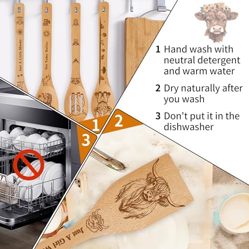 Highland Cow Kitchen Decor Bamboo Wooden Spoons With Utensil Holder,Hummingbird Kitchen Accessories for Cooking-Home Decorations Gifts for Women-Housewarming,Birthday,Mothers Day(6PCS） (Highland Cow) - Image 7