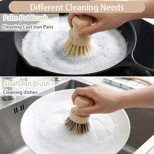 7-Piece Bamboo Dish Brush Set, Natural Kitchen Scrub Brush Kit with Wooden Handle for Pots, Pans, Vegetables, Eco-Friendly Cleaning Tools - Image 6
