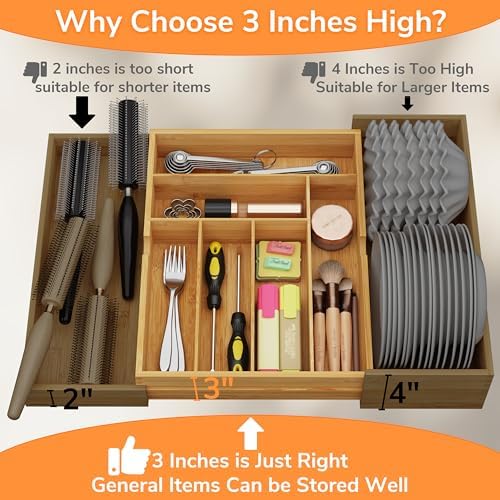 BAMEOS 3" Deepth Expandable Drawer Organizer, Deep Flatware Organizer, Adjustable Silverware Organizer, Bamboo Drawer Organizer for Kitchen, Bathroom (Natural) - Image 2