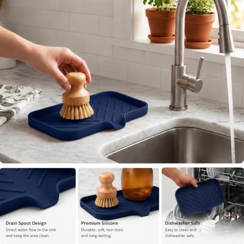 MicoYang Silicone Soap Dish with Drain Spout — Self-Draining Sink Organizer Tray for Bathroom & Kitchen, Sponges, Dispensers & Soap Holder, Non-Slip & Dishwasher Safe, Navy Blue (Medium, 9.6"×5.3") - Image 4