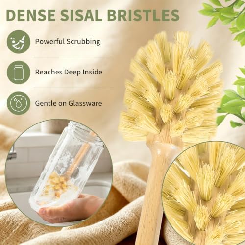GREENTH PRO Nature Bamboo Bottle Brush with Sisal Bristle - Long Handle Hanging Design Cleaning Brush for Water Bottles Baby Bottles Sports Bottles Glasses Water Glasses Wine Glasses - Image 3