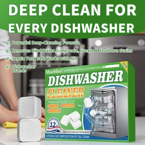 Dishwasher Cleaner and Deodorizer Tablets-12 Pack, Heavy Duty Deep Cleaning Descaler Pods for Dish Washer Machine, Removes Limescale, Odor, Grease, and Hard Water Stains, Septic Safe - Image 2