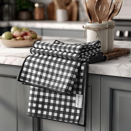 RECYCO Waffle Kitchen Towel Set of 2 - Quick Dry Microfiber Sustainable Dish Towels - Ultra Absorbent Reusable Cleaning Tea Towels - Lightweight Hand Towels,16”x 28”, Iron Black Plaid by RECYCOHOMECOLLECTION